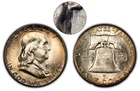 1955 50c Franklin Silver Half Dollar - Bugs Bunny Variety - Rainbow Toning - BU