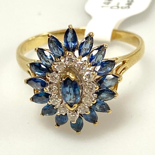 v052 Vintage 14K Yellow Gold Blue Sapphire White Diamond .12cts Ring Size 10.25