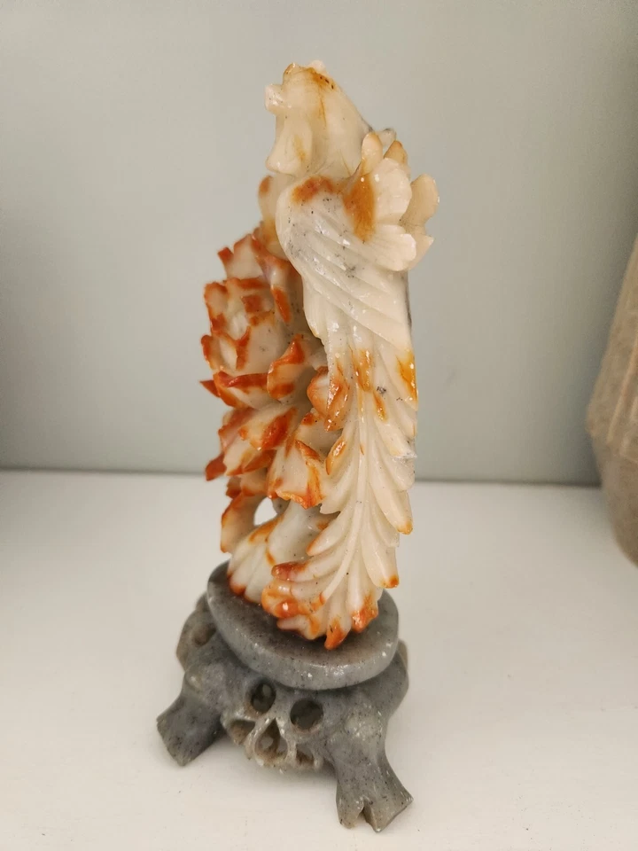 "Escultura de piedra de jabón tallada a mano china vintage flores de fénix 7"" naranja rojo" Foto 2 de 4