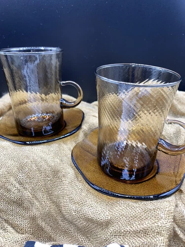 Vintage Amber Glass Mugs With Saucers Set of 2 Hand Blown Delicate Handle