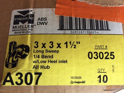 Qty 10 MUELLER 03025 -3X3X1.5 -Drain Waste & Vent Pipe Fittings 90 EL w/Low Heel - Picture 3 of 12