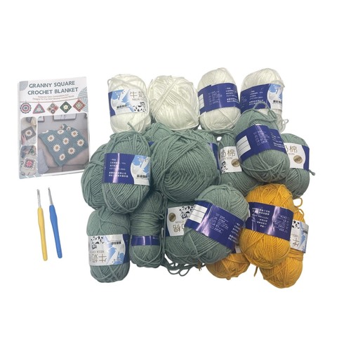 Granny Square Crochet Blanket Kit Green Yellow White DIY