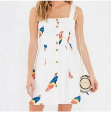 Farm Rio White Linen Macaw Mini Dress Size XS Extra Small White Lined Bird Print