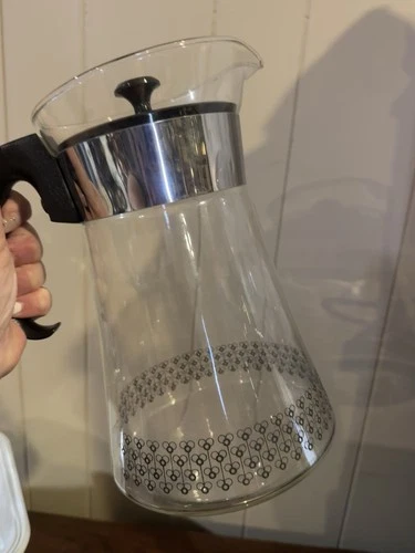 Vintage Pyrex Glass Coffee Pot Carafe Pitcher Black Honey Bee 9.5" Tall