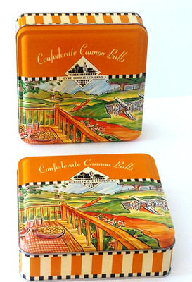 2 clean Byrd Cookie Company Peach Pie on the porch Confederate Cannon Balls Tins