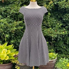 Classy Black & White Polka Dot Boat Neck Tailored Fit Midi Dress Timeless - L