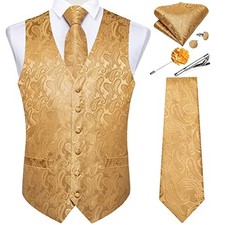 Mens Vest and Tie Set Formal Paisley Waistcoat and Medium Gold Yellow Paisley