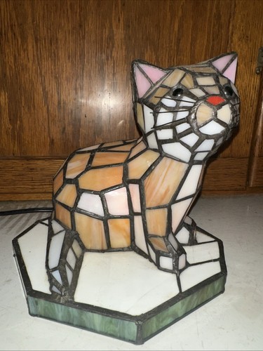 Stained Glass Tiffany Style CAT LAMP Night Lite with Base 8" Jen