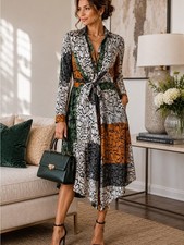Nine West Snake-Print Tie-Waist Midi Dress in Green, Orange & Black