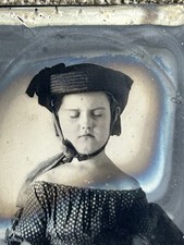 Antique TinType Photo Girl UNUSUAL Closed Eyes Dress Post Mortem? Civil War Era