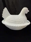 VINTAGE WHITE MILK GLASS HEN ON A NEST WITH BEADED EDGE AND STIPPLED BASE