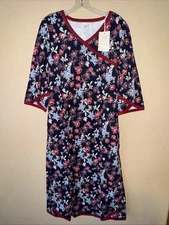 NWT Large Garnet Hill Asian Wrap Organic Nightgown in a Navy Red Floral Pattern