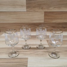 Set of 4 Vintage Dema Small Wine Glasses - White Etched Flower and Gold Rim