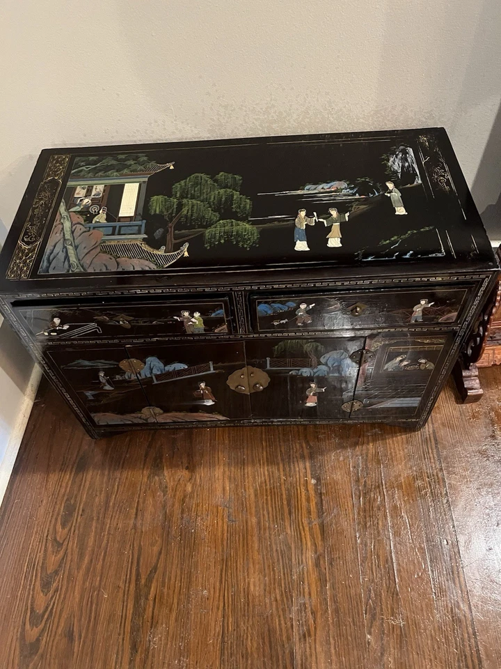 Antique Chinese Hand Painted Black Lacquer Cabinet, 27 1/2 W X 13 D. X 19 H - Image 2 of 4