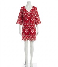 Karen Kane Flare Sleeve Embroidered Dress Red With Off White