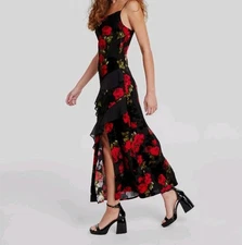 BCX Women's Black Velvet Tiered Ruffled Floral Rose-Print Maxi Dress Size Small