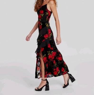 BCX Women's Black Velvet Tiered Ruffled Floral Rose-Print Maxi Dress Size M  | eBay