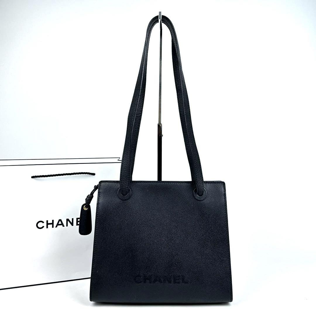 Chanel Tote Bag Logo Embroidery Caviar Leather Gold Hardware Black Used