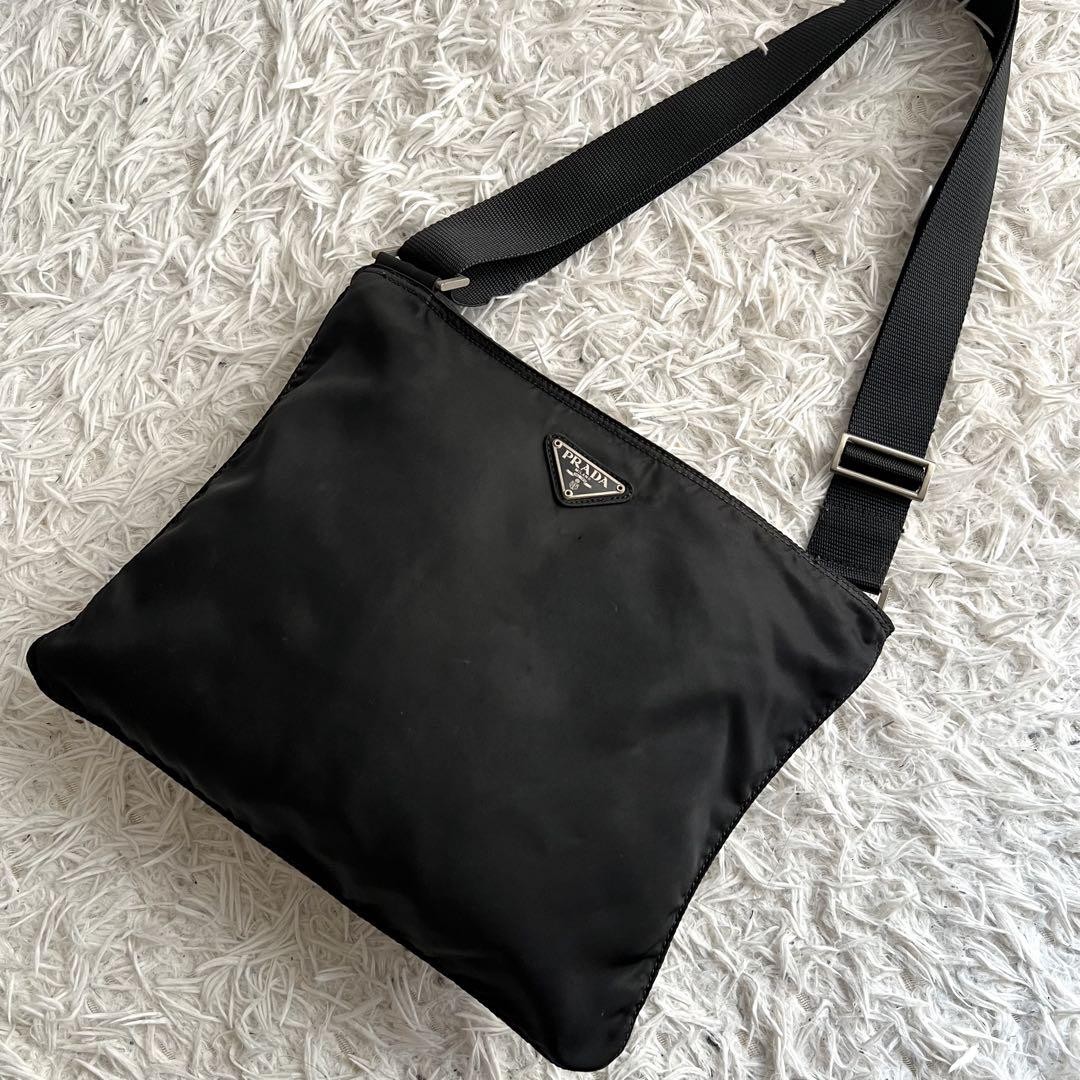 Prada Black Nylon Shoulder Bag with Triangle Logo and White Tag Crossbody