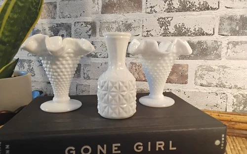 Pair Matching Vintage Miniature Fenton Hobnail White Milk Glass Ruffled Vases