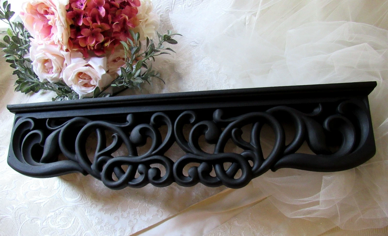 24" Ornate Wall Shelf,Matte Black Decor,Farmhouse,Glam,Victorian Home,Rococo