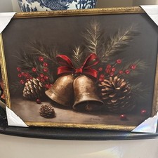 NEW Hobby Lobby Bells Pinecones  Berries Framed Wall Decor Christmas 24  X 18"