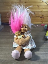 Vintage Russ Pink Haired Soft Body Troll Mom Mother Girl Holding Baby 9" Rare