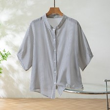 100 Mulberry Silk Blue White Stripes Half Sleeve Women Shirt Top Blouse FF033