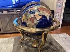 Vintage Blue Lapis & Precious Gem Stones World Globe on Stand /Vtg polished 9