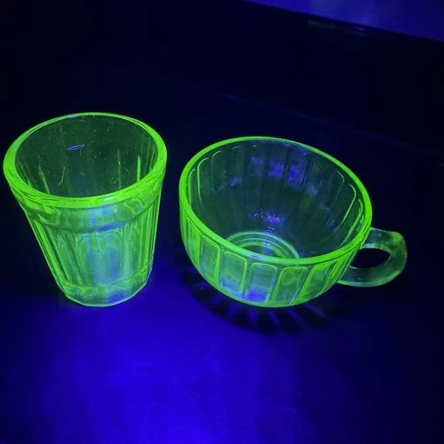 Vintage Uranium Depression Glass Green Tea Cup & Shot Glass