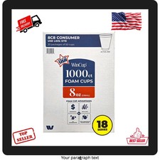 WinCup Foam Drink Cups 18 series, White, 8 oz., 1000 ct..