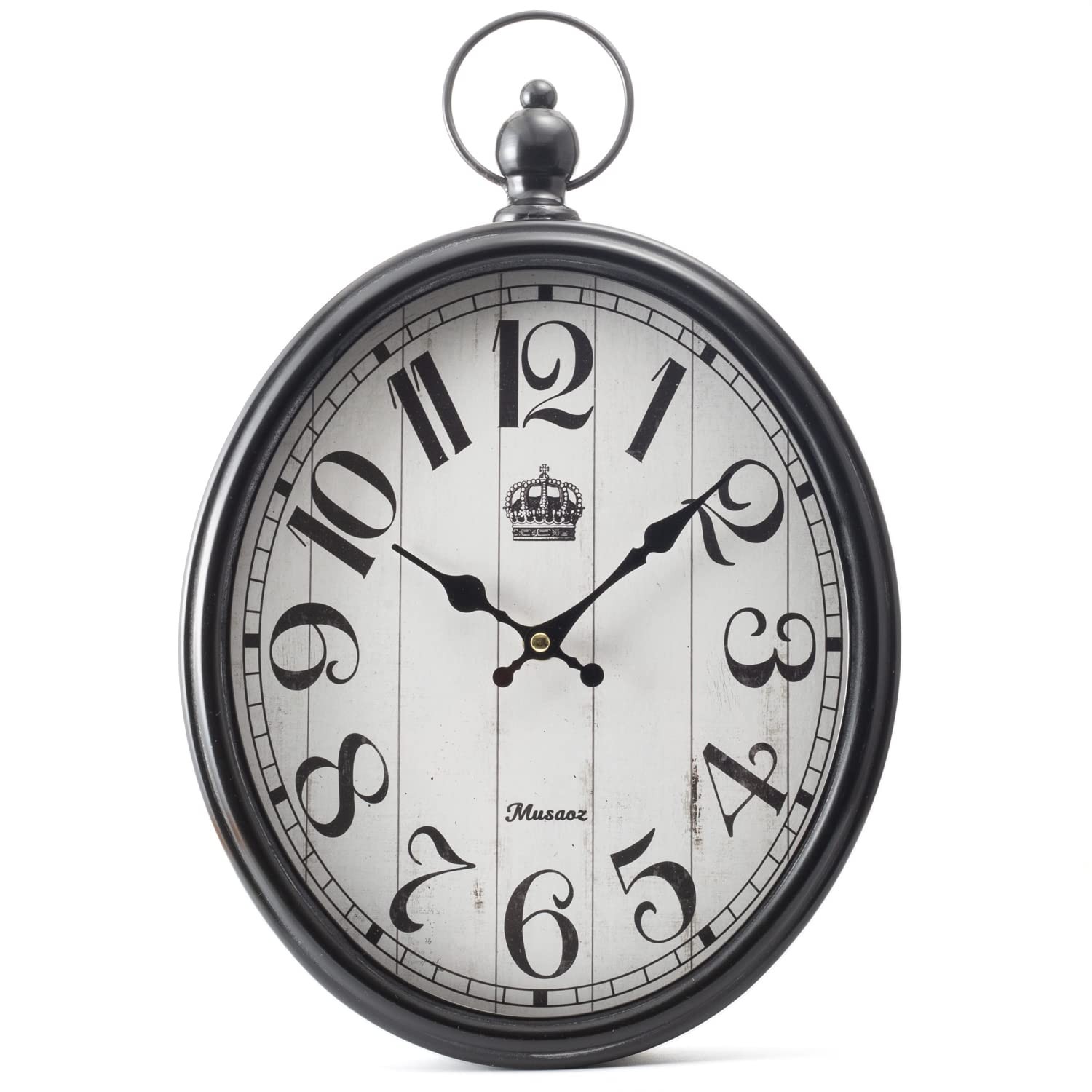Oval Large Wall Clock Silent Non-Ticking Metal Battery Operated Retro Antique De