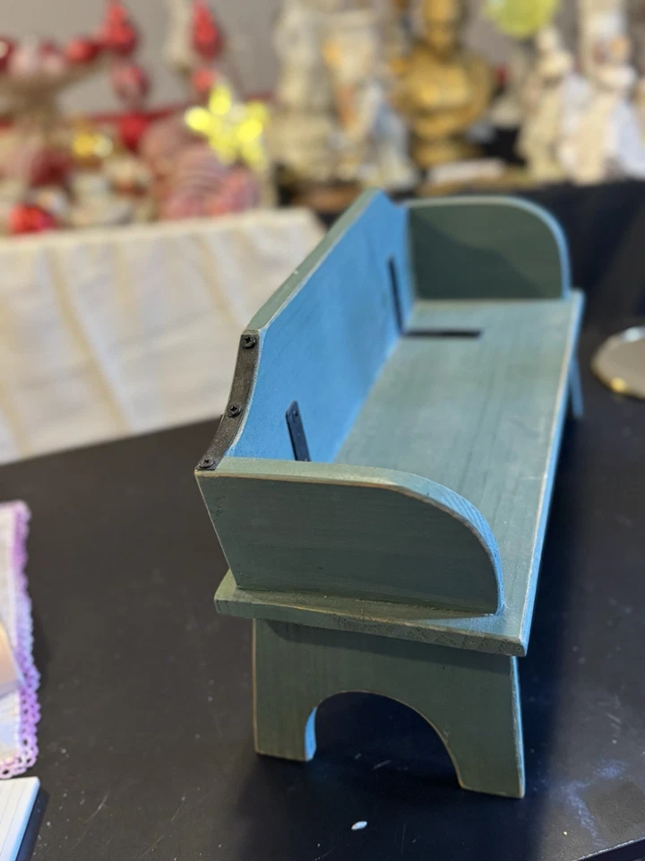 Estante de banco de madera primitivo azul verde campo granja soporte de exhibición Foto 2 de 3