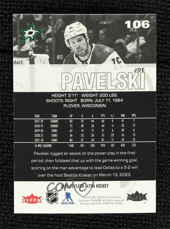 2022-23 Upper Deck Fleer Ultra Gold Patterned Foil Joe Pavelski #106 - Image 2 of 2