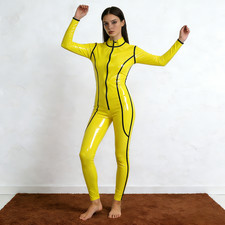 Lateksowy kombinezon Guma Guma Zentai Żółte Body Paski Przód Zamek błyskawiczny S-XXL