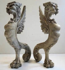 2 Antique Hand Carved Wood Griffins 18" Old Paint Architectural Gargoyles Gothic
