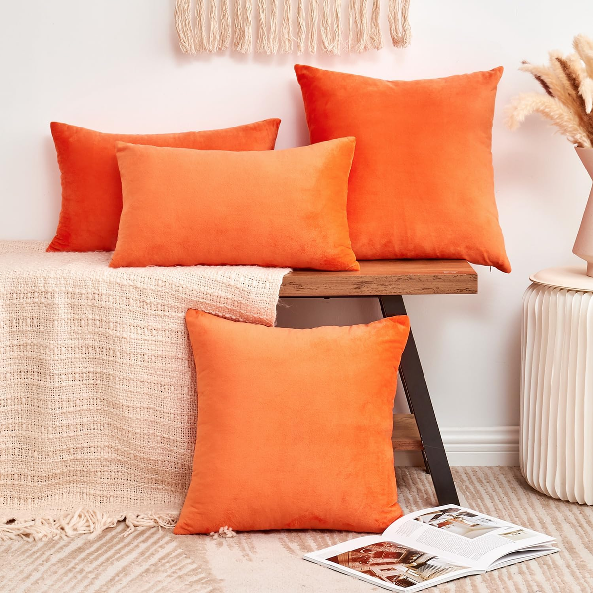 Amazon Fall Pillow Cases Fall Orange Throw Pillow Covers Set Of 2, 18X18  Inch Velvet Accent