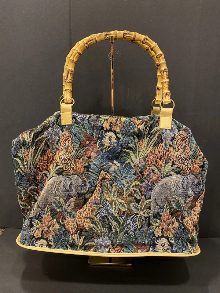 Bolsa de mão Club A tecido selva alças de bambu alça transversal 18x14x8" - Imagem 4 de 4