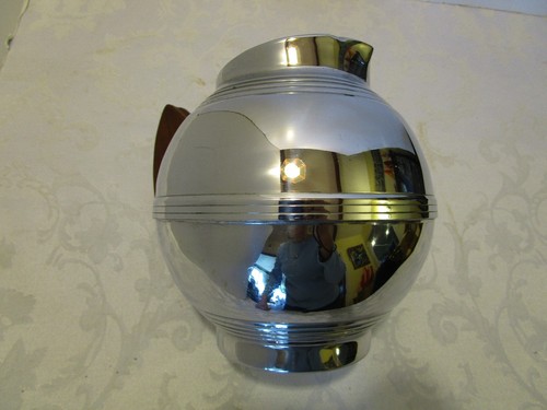 Vintage Art Deco Chrome Ball Pitcher Teak Handle ice lip 7" tall Danish Style - Picture 9 of 12