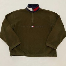 VTG 90s Tommy Hilfiger Mens Fleece Spellout 1/4 Zip Pullover Sweater Large Green