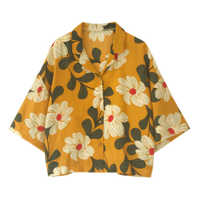 Women Retro Blouse T-Shirt Floral Print Chiffon Short Sleeve Loose Button Down