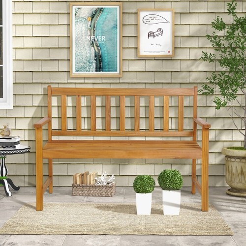 2-Person Outdoor Garden Natural Acacia Wood Bench w/ Backrest Ergonomic Armrest - Picture 3 of 8