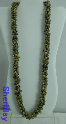 Vintage Unique Hand Strung Green Mongo Shell Lei Necklace Black Ribbon Tie 30''