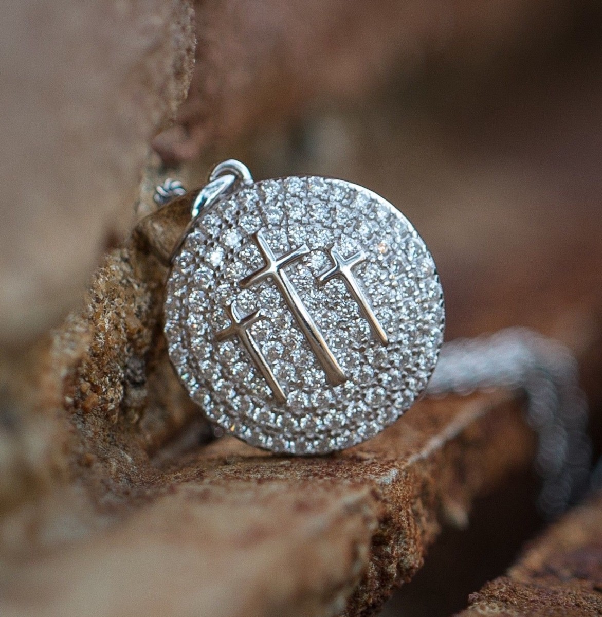 White Gold Plated Micro Pave Round Three Cross Jesus Piece Pendant