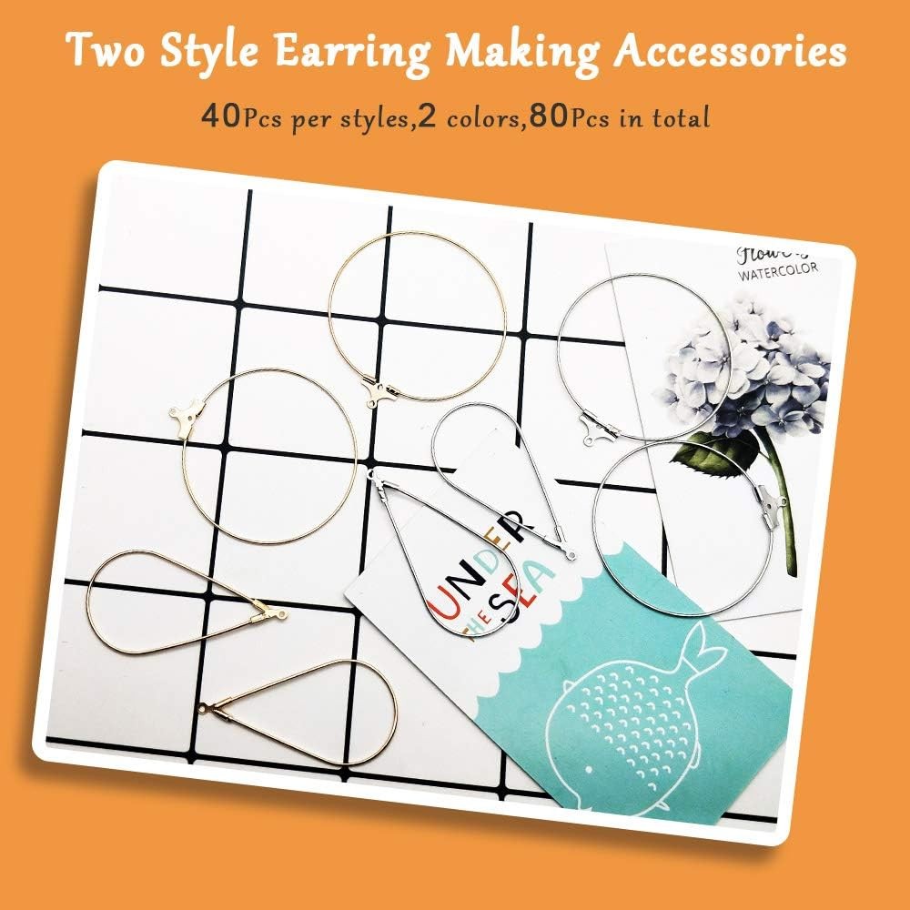 80pcs Beading Hoop Earrings for Jewelry Round Teardrop, Gold K and White K 1 