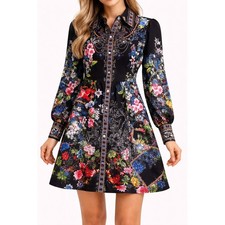 DALIA MACPHEE Floral Button-Down Dress Size Small Black Long Sleeve Mini Collar