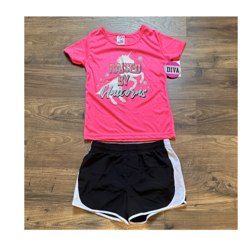 Diva Girls Unicorn Graphic Pink T-Shirt Black White Shorts Set S (6/6X, 7/8)