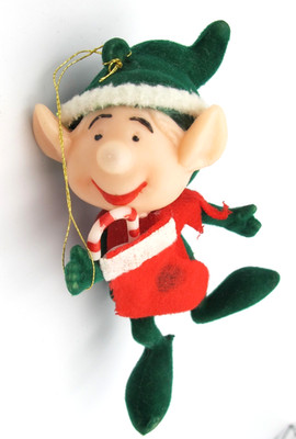 VTG Pixie Flocked Ornament Santa's Helper Elf Holding Christmas Stocking 3.5'' D6
