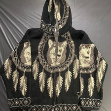 Wolf Dreamcatcher Graphic Knit Full Zip Hooded Sweater Black Size L