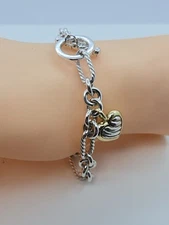 David Yurman Bracelet,  Cable , Heart Charm , 18k And Sterling Silver ,7.5 Inch 